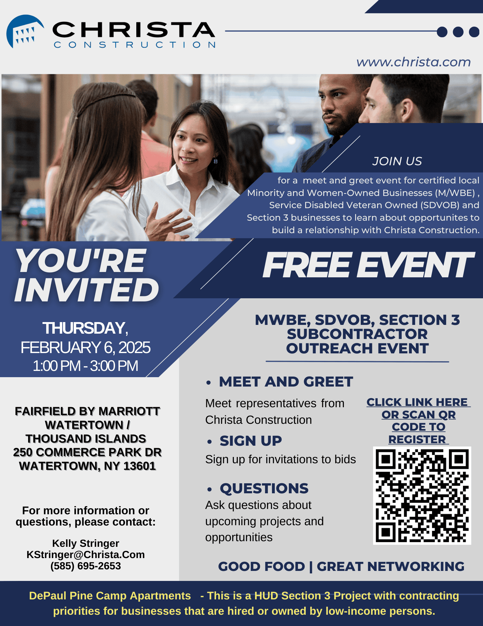 Christa Construction Invites You to a Meet and Greet for MWBE, SDVOB and Section 3 Businesses in Watertown, NY